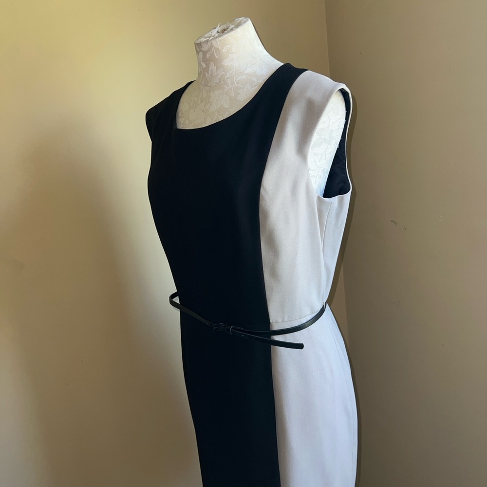 Calvin Klein Black and Cream Colorblock Belted Sheath Dress - Picture 7 of 12